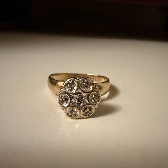 Vintage 10kt solid gold bicolor floral natural diamond cluster ring thick band - Picture 3 of 11